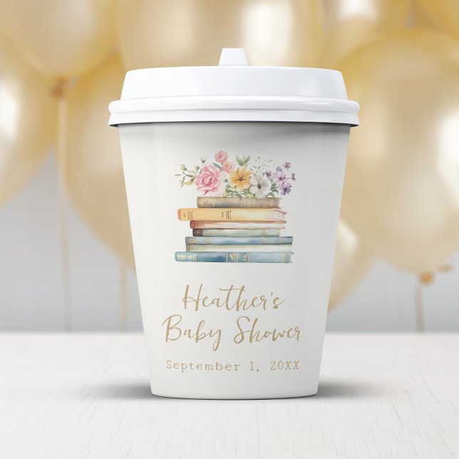 Vasos de papel para baby shower con tema de libros (Book Theme Baby Shower Paper Cups by Painted Paperie
)