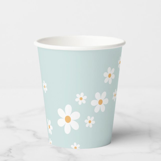 Vasos de papel para baby shower Retro Daisy azul (Anverso)