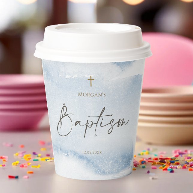 Vasos de papel para bautizo de niño con acuarela a (Blue Watercolor Boy Baptism Paper Cups)
