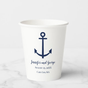 Vasos de papel para boda con ancla azul marino Fie