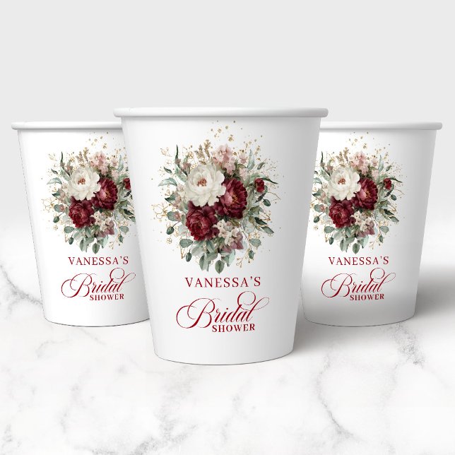 Vasos de Papel para Brindis Floral Borgoña Botánic (Botanical Burgundy Floral Bridal Shower Paper Cups)