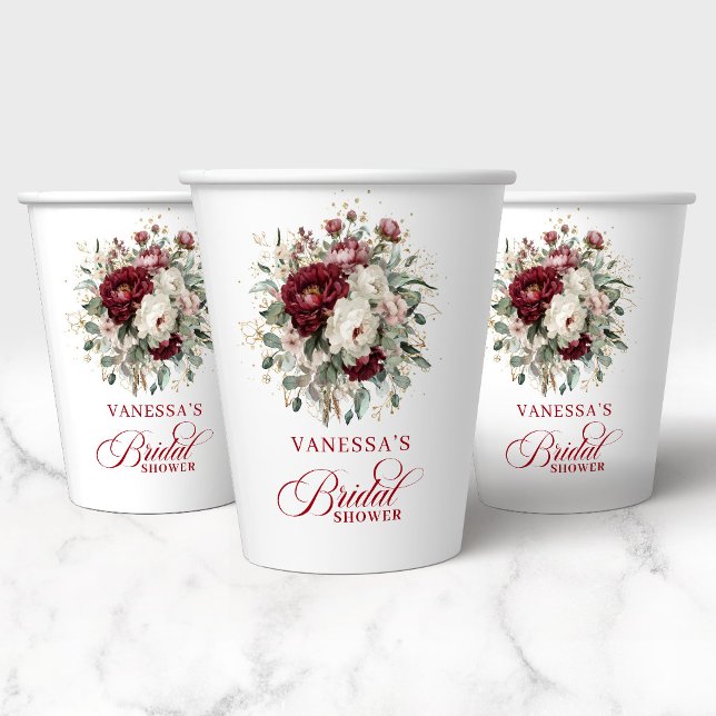Vasos de Papel para Brindis Floral de Borgoña de L (Luxury Burgundy Floral Bridal Shower Paper Cups)