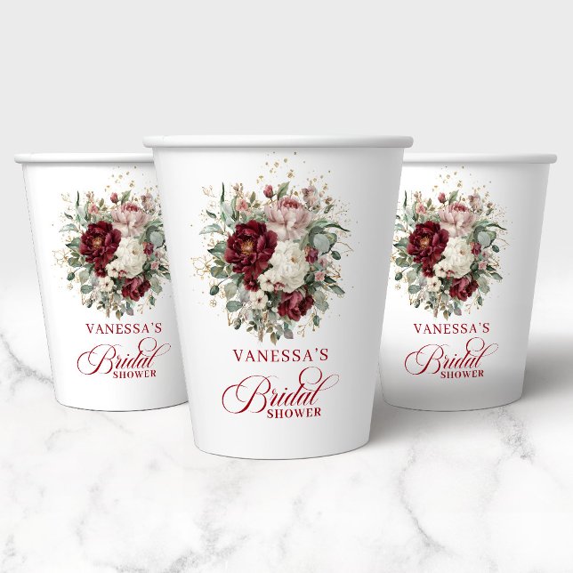 Vasos de Papel para Brindis Nupcial Chic Marsala F (Chic Marsala Floral Gold Bridal Shower Paper Cups)