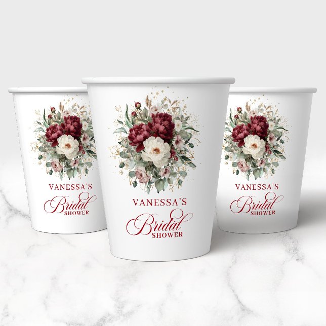 Vasos de Papel para Brindis Nupcial Glam Marsala F (Glam Marsala Floral Gold Bridal Shower Paper Cups)