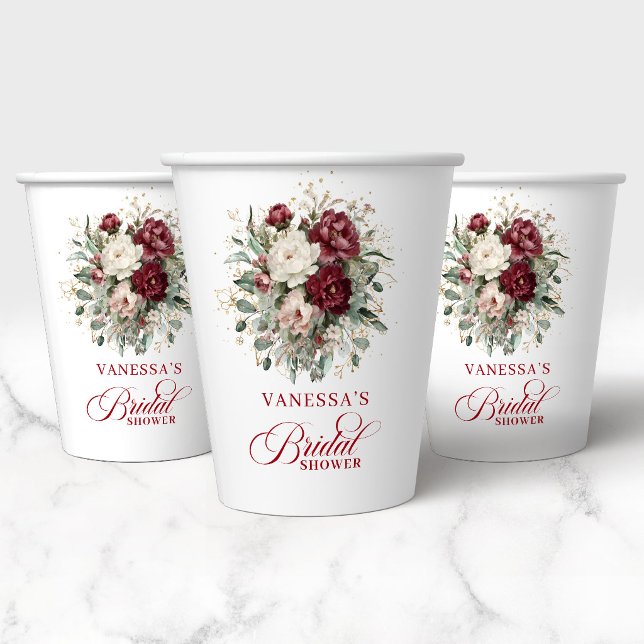 Vasos de Papel para Brunch Nupcial Floral Borgoña  (Timeless Burgundy Floral Bridal Shower Paper Cups)
