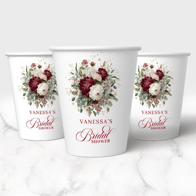 Vasos de Papel para Brunch Nupcial Floral Borgoña  (Graceful Burgundy Floral Bridal Shower Paper Cups)