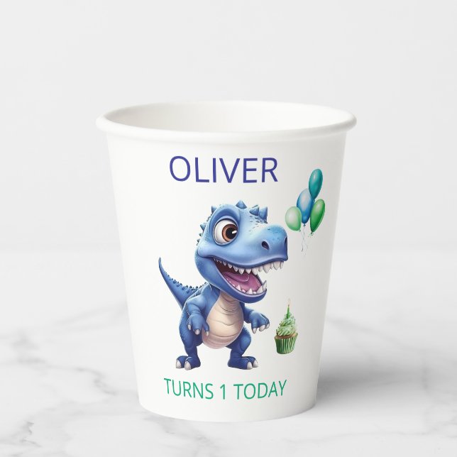 Vasos de papel para cumpleaños 1 de Dinosaurio Niñ (Anverso)