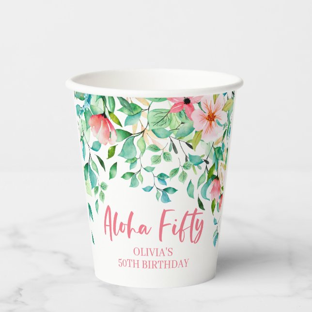 Vasos de papel para cumpleaños 50 Luau Tropical Al (Anverso)