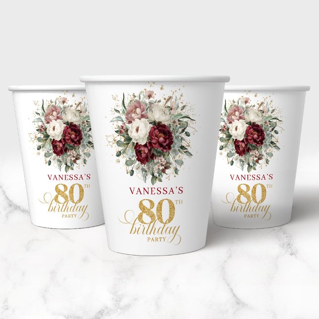 Vasos de Papel para Cumpleaños 80 Opulentos Floral (Opulent Maroon Floral 80th Birthday Paper Cups)