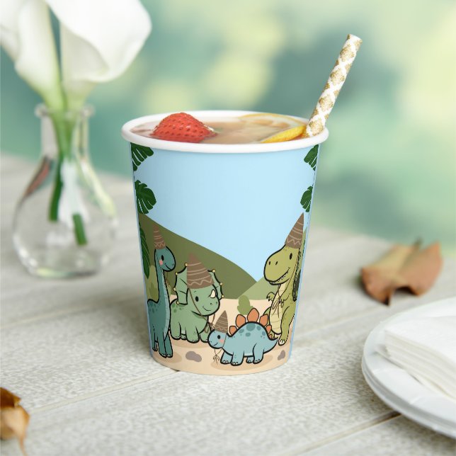 Vasos de papel para cumpleaños de dinosaurio lindo (in situ)