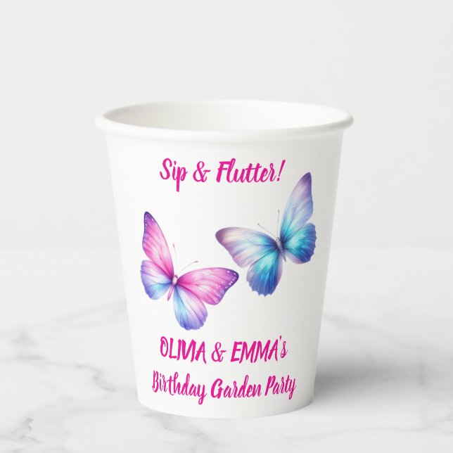 Vasos de papel para cumpleaños de mariposas gemela (Anverso)