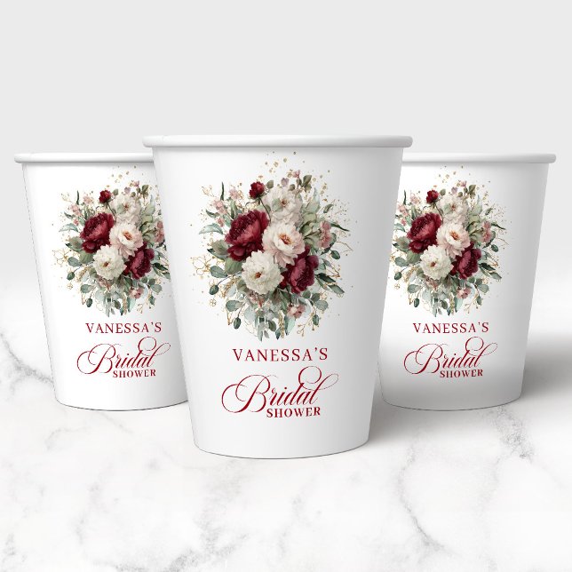 Vasos de Papel para Desayuno Nupcial Floral Granat (Chic Maroon Floral Bridal Shower Paper Cups)