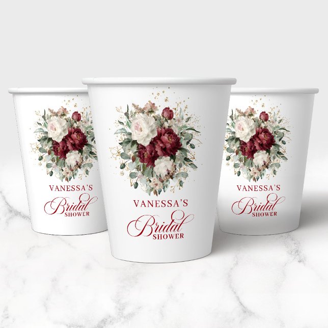 Vasos de Papel para Ducha de Novia Floral Rojo Int (Premium Deep Red Floral Bridal Shower Paper Cups)