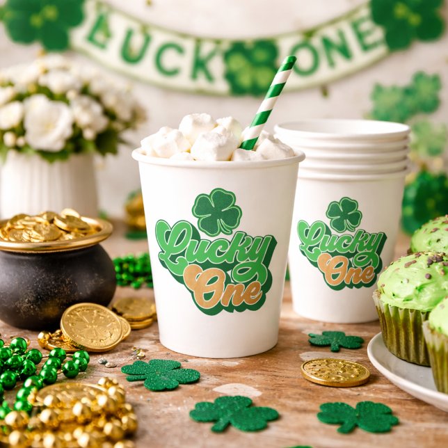 Vasos de papel para el primer cumpleaños de Lucky  (Gold and Green Lucky One First Birthday Paper Cups)