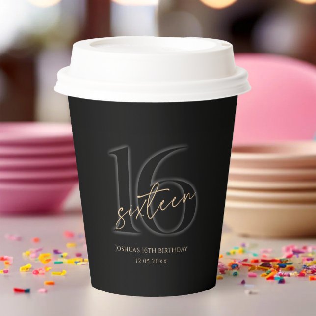 Vasos de Papel para Fiesta de Cumpleaños 16 Modern (Modern Black Gold 16th Birthday Party Paper Cups)