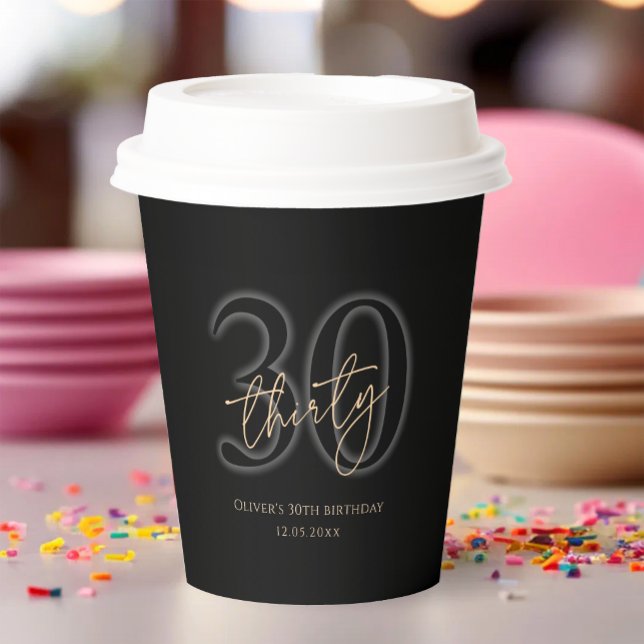 Vasos de Papel para Fiesta de Cumpleaños 30 Modern (Modern Black Gold 30th Birthday Party Paper Cups)