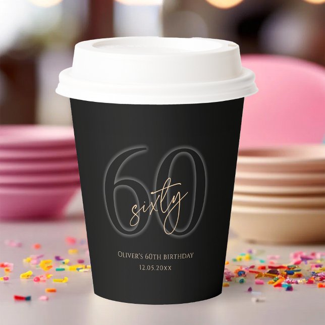 Vasos de Papel para Fiesta de Cumpleaños 60 Modern (Modern Black Gold 60th Birthday Party Paper Cups)