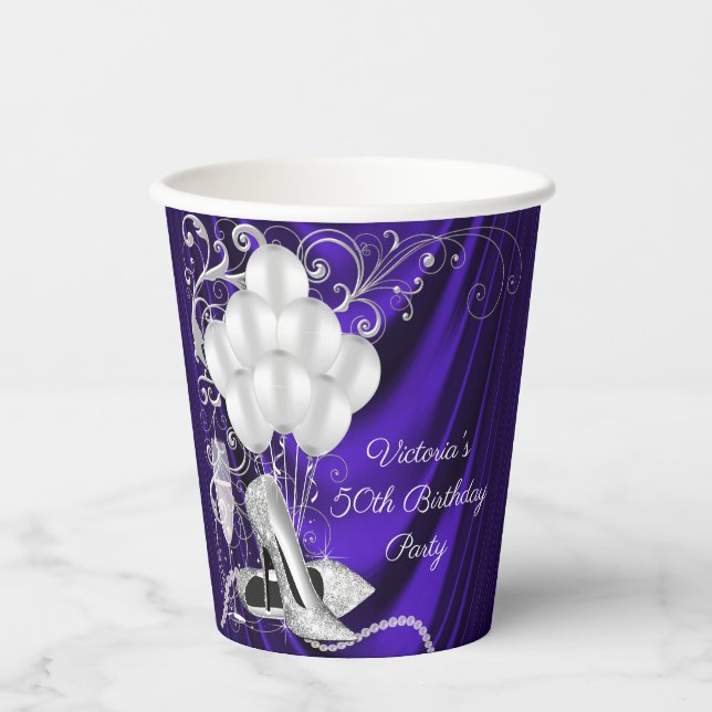 Vasos de papel para fiesta de cumpleaños morados y (Anverso)