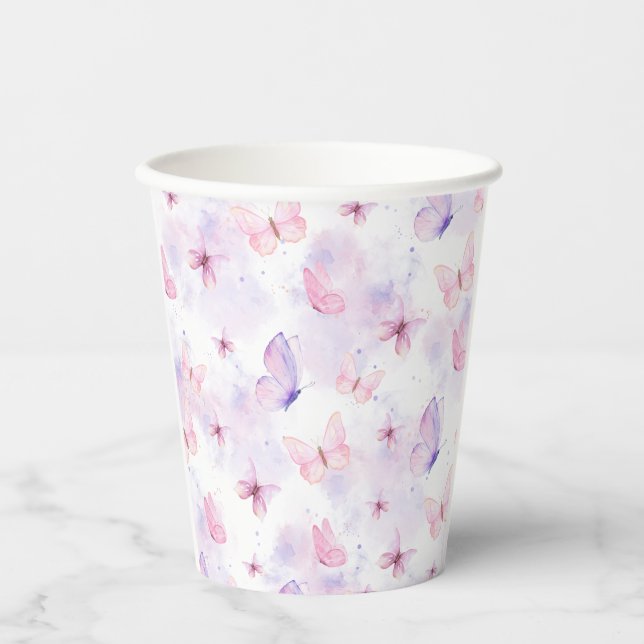 Vasos de papel para fiesta de mariposas morados y  (Anverso)