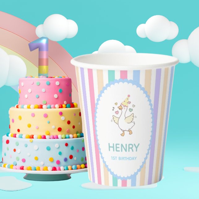 Vasos de papel para la fiesta de cumpleaños número (​Adorable "One Silly Goose" cups! Sweet pastel stripes for a 1st birthday. Sip in style!)