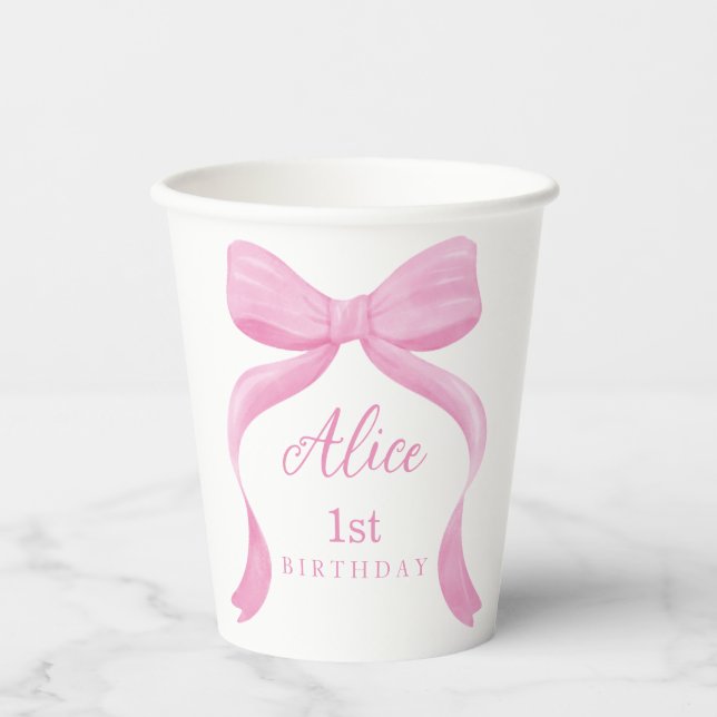 Vasos de papel para primer cumpleaños con lazo ros (Anverso)