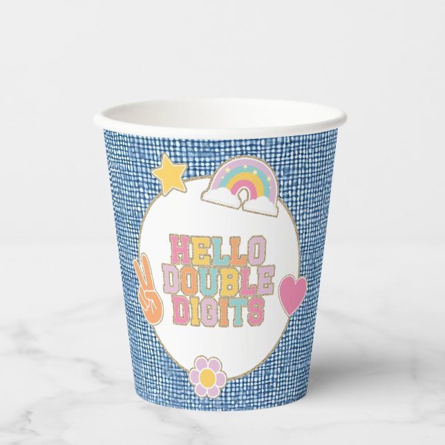 Vasos De Papel Parche Preppy Hello Doble Dígito Cumpleaños 10 (Anverso)