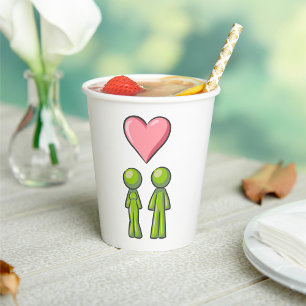 Vasos De Papel Pareja de figuras de palito verdes con corazón ros