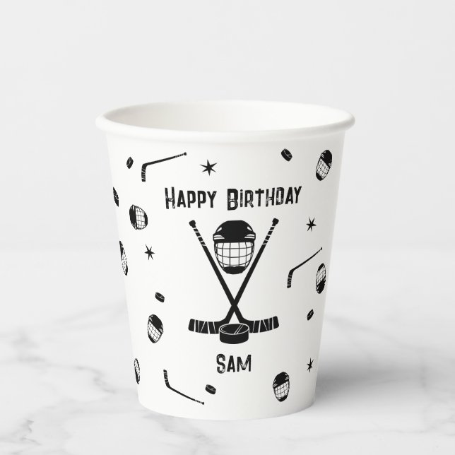 Vasos De Papel Partido de cumpleaños blanco y negro de hockey sob (Anverso)