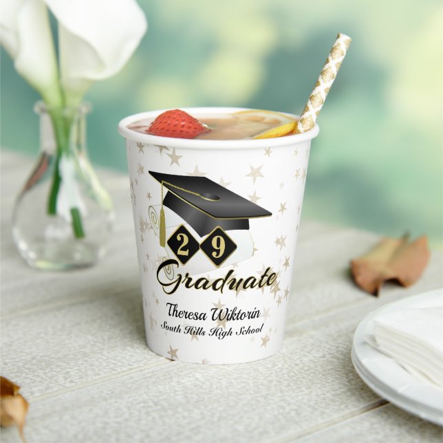 Vasos De Papel Partido de Graduación Black Gold Stars Personaliza (in situ)