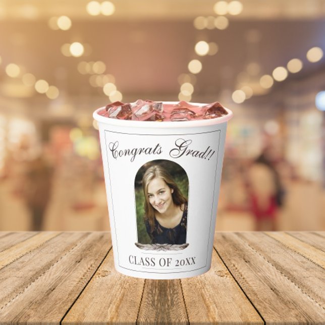 Vasos De Papel Partido de Graduación de Fotografía del Marco de l (Boho Feather Frame Photo Graduation Party Paper Cups)