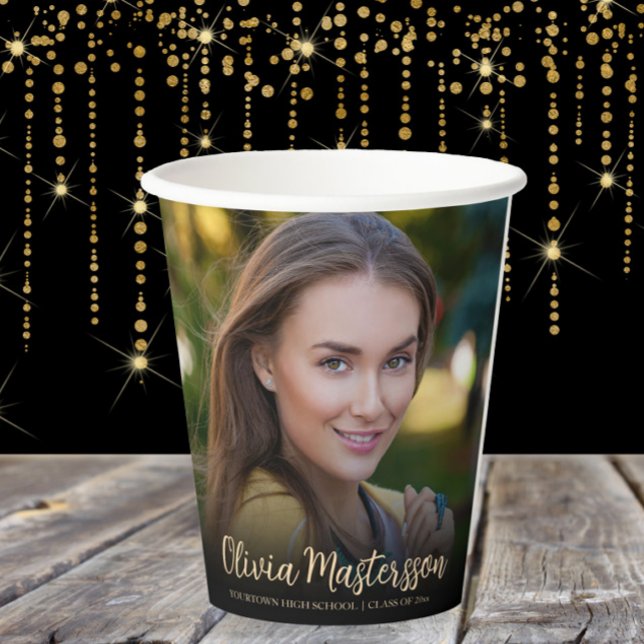 Vasos De Papel Partido de Graduación de Oro Negro (Graduation party photo paper cups)