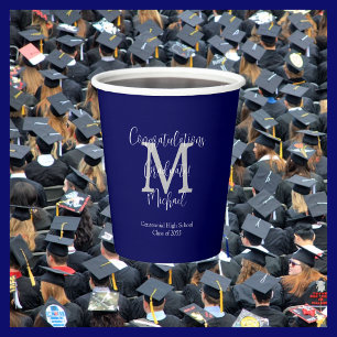 Vasos De Papel Partido de Graduación Monogramado Azul y Blanco de