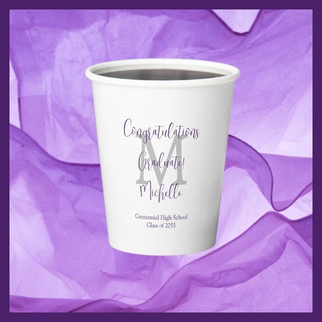 Vasos De Papel Partido de Graduación Monogramado en Blanco y Gris (Subido por el creador)