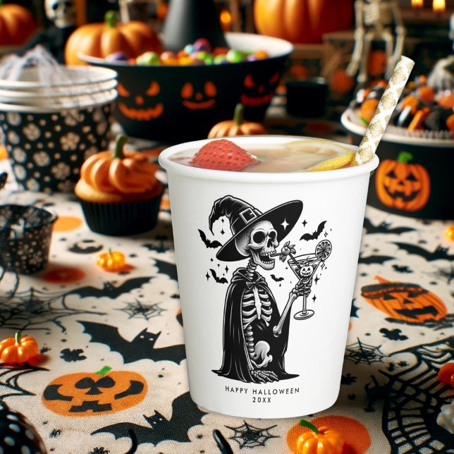 Vasos De Papel Partido Halloween del Skeleton Blanco y Negro (Black and White Skeleton Halloween Party Paper Cups)