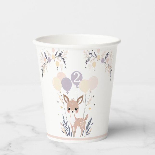 Vasos De Papel Pastel Boho Fawn y los globos Cumpleaños (Anverso)