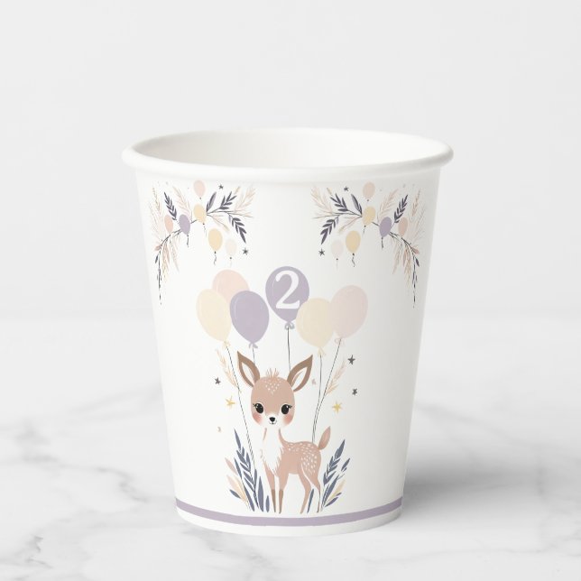 Vasos De Papel Pastel Boho Fawn y los globos Cumpleaños (Anverso)