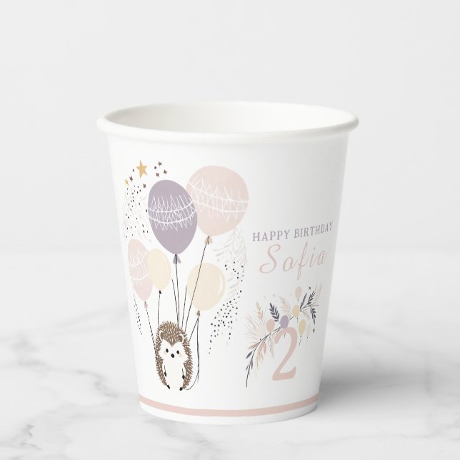 Vasos De Papel Pastel Boho Hedgehog y Globos Cumpleaños (Anverso)