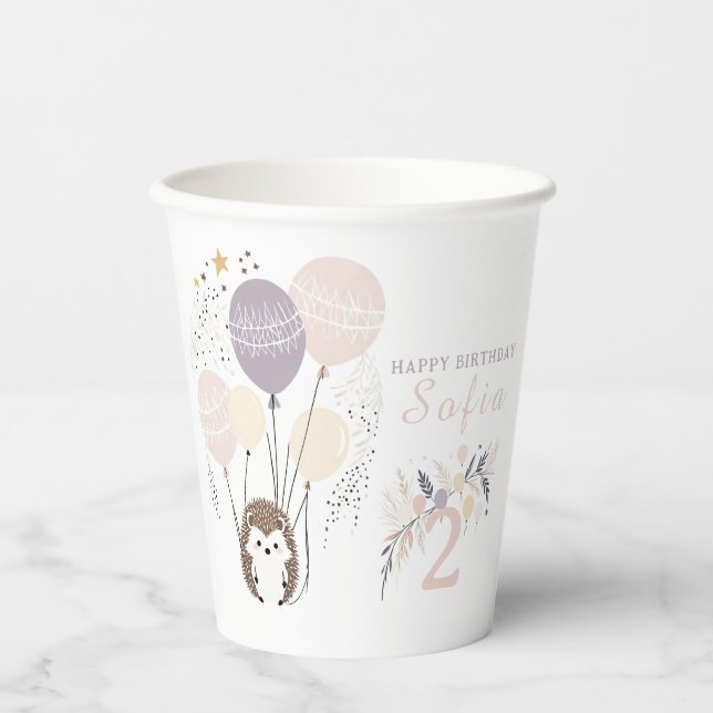 Vasos De Papel Pastel Boho Hedgehog y Globos Cumpleaños (Anverso)