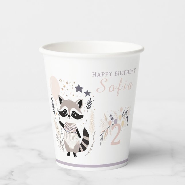 Vasos De Papel Pastel Boho Raccoon y Globos Cumpleaños (Anverso)