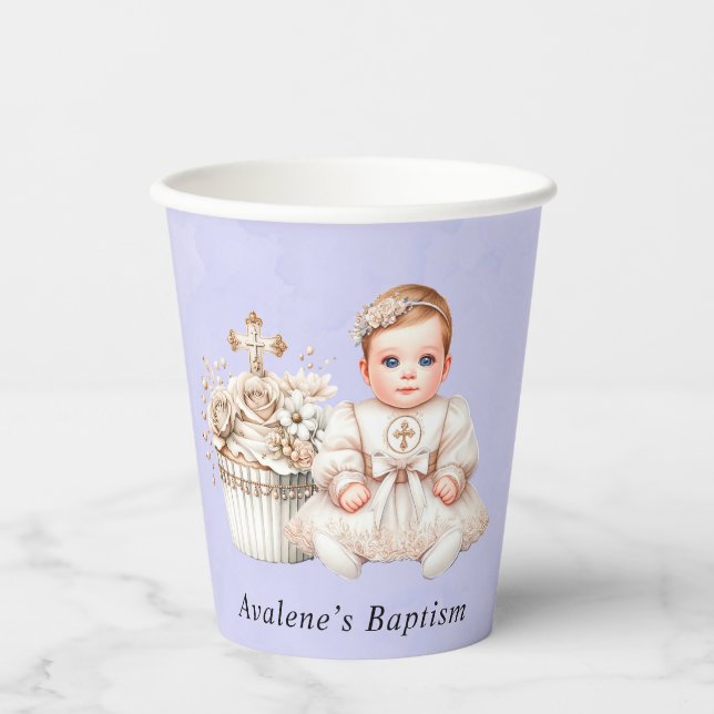 Vasos De Papel Pastel de cruz blanca con bautismo Chica (Anverso)