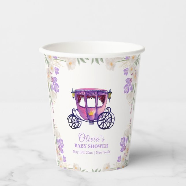 Vasos De Papel Pastel Floral Princess Carriage Girl Baby Shower  (Anverso)
