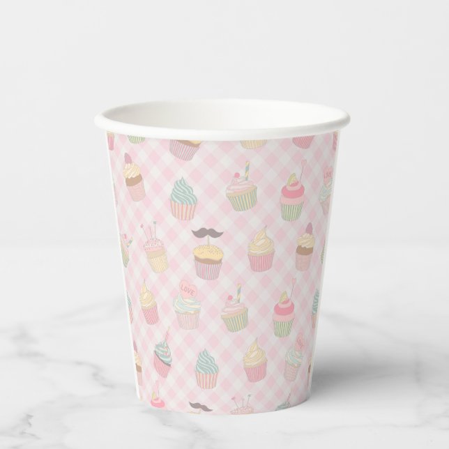 Vasos De Papel Pastel Pink Gingham Cute Cupcakes Pattern (Anverso)