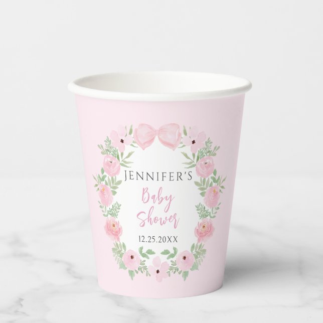 Vasos De Papel Pastel rosa floral de flores boho bebé ducha (Anverso)