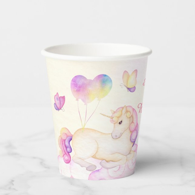 Vasos De Papel Pastel Unicornio Y Globos Cumpleaños (Anverso)