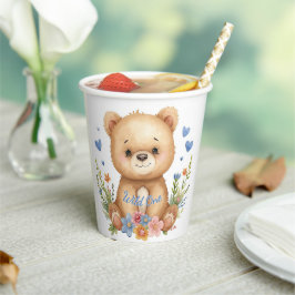 Vasos De Papel Pastel Watercolor Woodland Bear Blue Hearts Flower