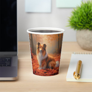 Vasos De Papel Pastor de Shetland en Otoño Hojas Caídas Inspiran