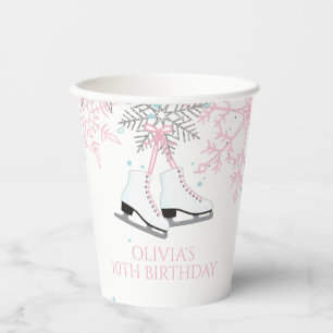 Vasos De Papel Patinaje sobre hielo Blue Pink Snowflakes Cumpleañ