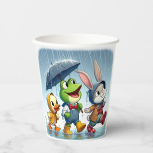 Vasos De Papel Pato lindo, rana, conejito bajo la lluvia