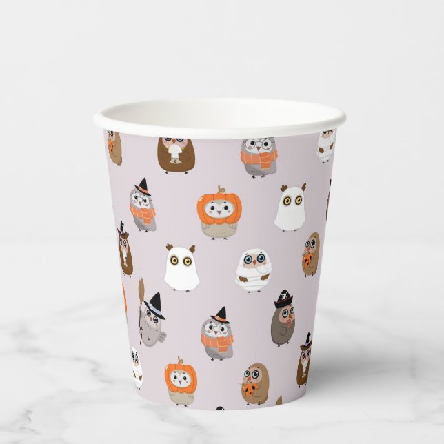 Vasos De Papel Patrón adorable de búhos de Halloween (Anverso)