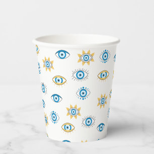 Vasos De Papel Patrón azul, oro y blanco de Mati de ojos griegos